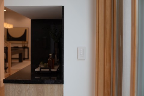Lutron lighting keypad on a white wall beside a black stone kitchen counter and slatted wood room divider
