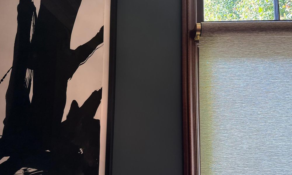 Side view of a roller shade next to dark abstract wall art and partially visible greenery outside